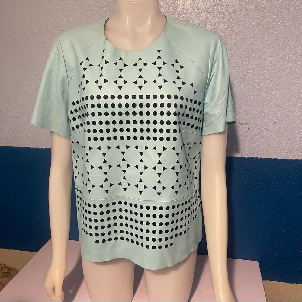 Per Se Leather Geometric Short Sleeve T-Shirt Sz 12